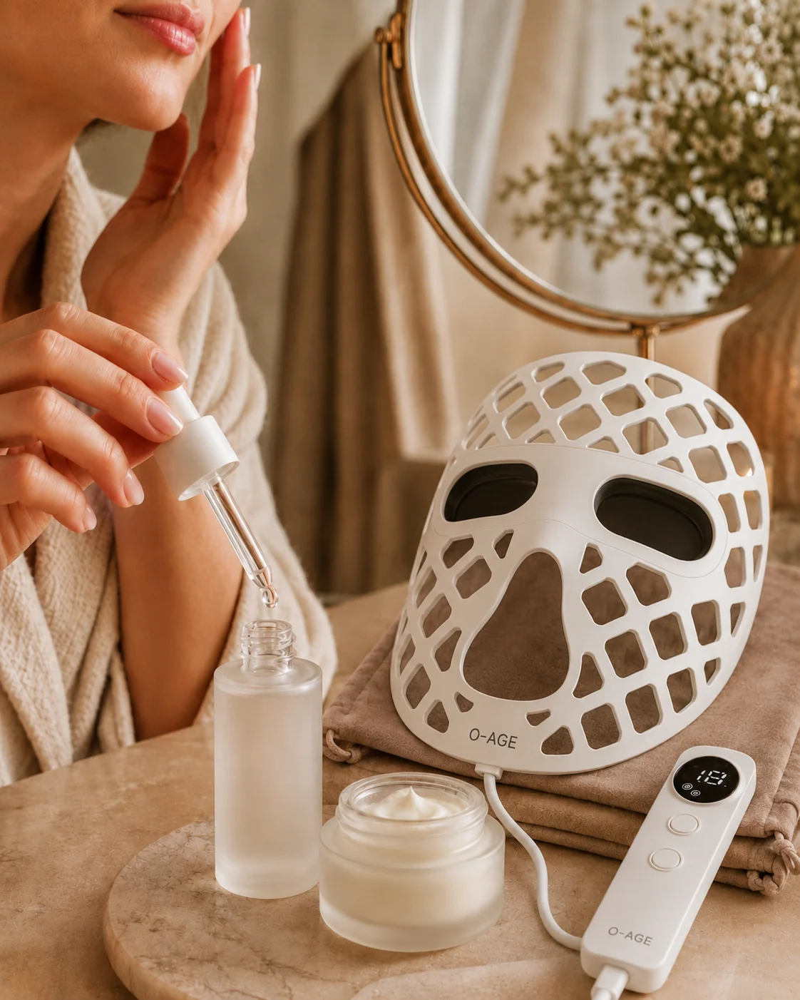 Skincare products beside O-AGE LED Mask
